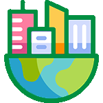 graphic icon half globe with buildings on top